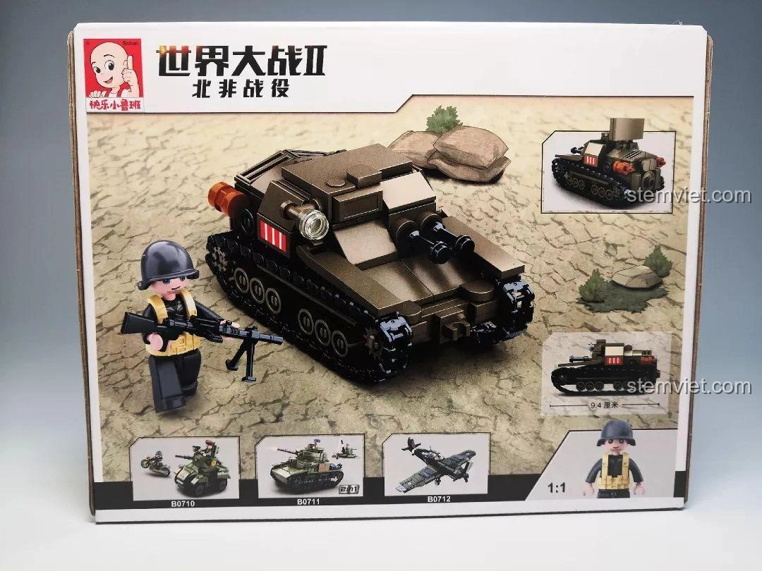 Mặt sau hộp đồ chơi lắp ráp Sluban M38-B0709 Xe Tăng Siêu Nhẹ CV33, hiển thị các góc nhìn mô hình, kích thước và các bộ khác cùng series.
