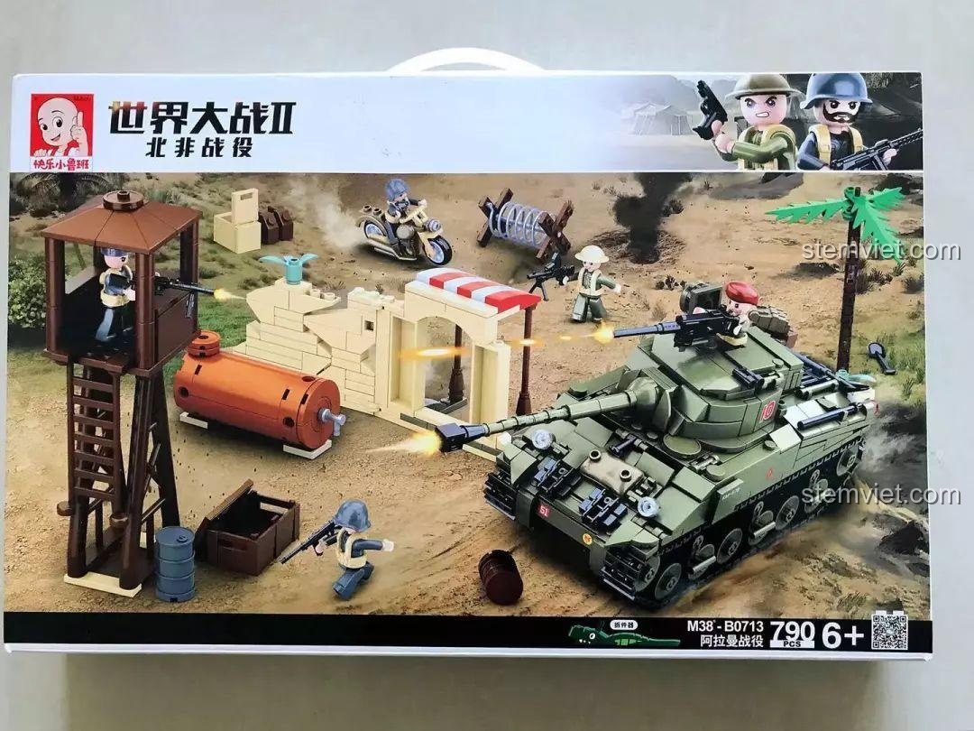 Bộ lắp ráp Sluban M38-B0713, đồ chơi mô hình xe tăng quân sự và cảnh chiến trường, 790 mảnh ghép, cho bé trai 6 tuổi. Hộp sản phẩm đầy đủ cảnh chiến trường Bắc Phi.