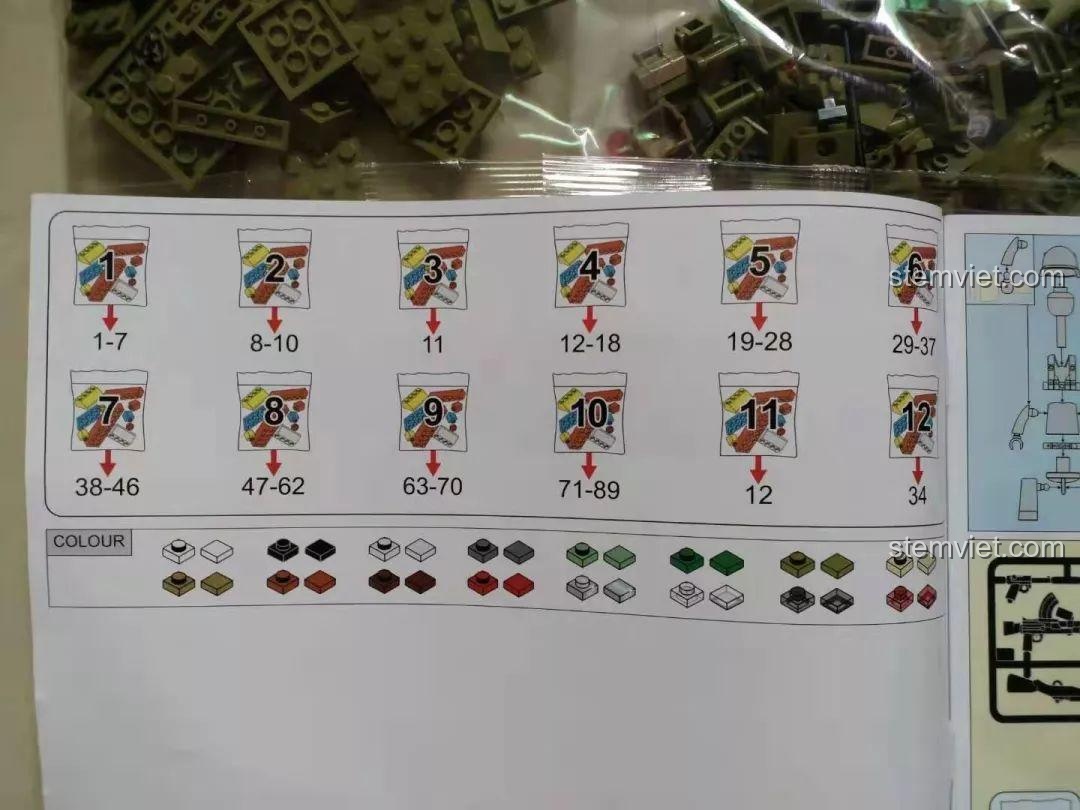 Bộ lắp ghép Trận chiến El Alamein, trang hướng dẫn phân loại túi linh kiện theo số thứ tự, giúp bé dễ dàng bắt đầu.