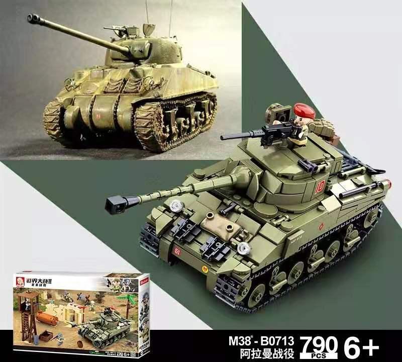 Bộ đồ chơi Xe tăng Sherman Firefly Sluban M38-B0713, mô hình xe tăng quân sự Thế chiến II 790 mảnh ghép, phù hợp bé trai 6 tuổi, giá tốt. Hộp sản phẩm thể hiện cảnh trận chiến El Alamein.