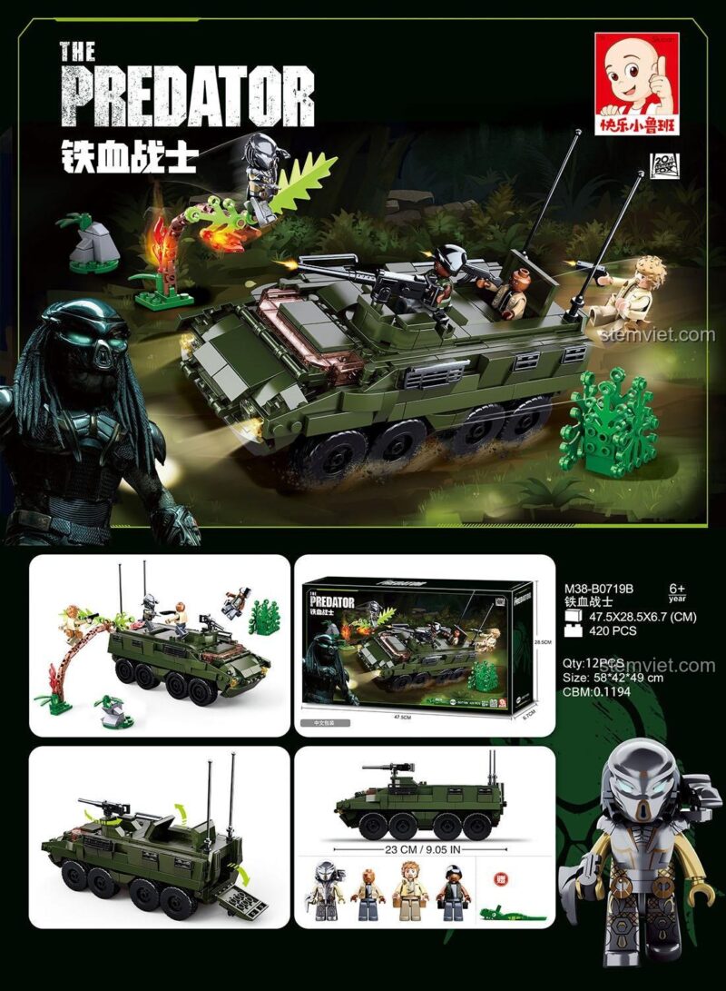 Poster quảng cáo bộ lắp ghép Xe Chiến Đấu Của Predator M38-B0719B, tổng hợp hình ảnh sản phẩm, hộp và các chi tiết nổi bật.