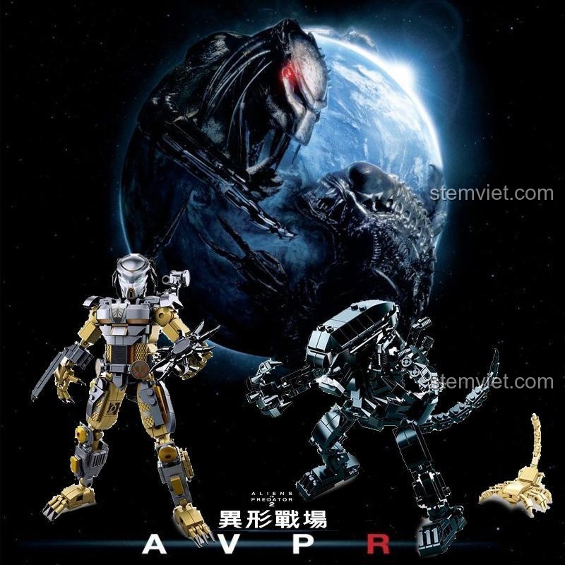 Poster đồ chơi lắp ráp trận chiến giữa Alien và Predator của Sluban.