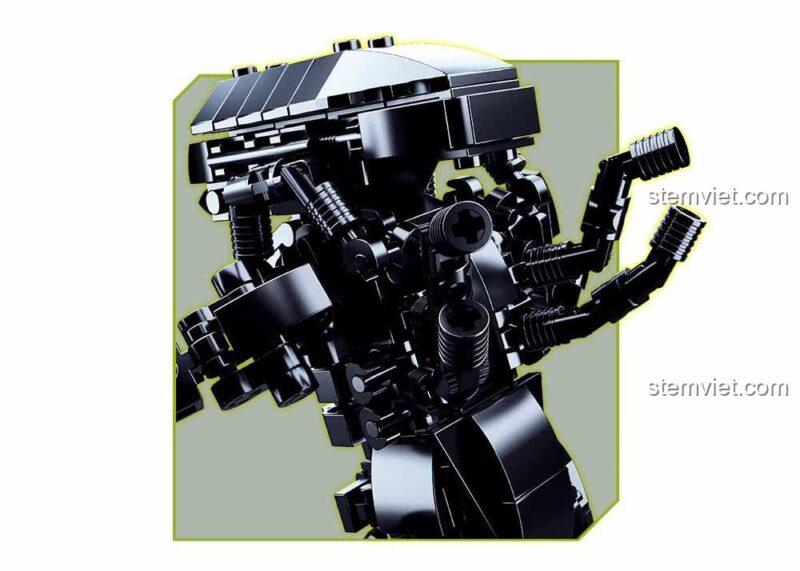 Ảnh chụp cận cảnh phần đầu và thân của đồ chơi lắp ráp Kẻ săn mồi vũ trụ Alien, thể hiện độ chi tiết cao.