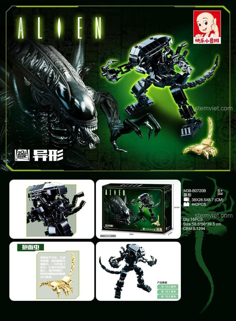 Poster tổng hợp thông tin sản phẩm đồ chơi mô hình Quái vật không gian Xenomorph Sluban M38-B0720B, bao gồm kích thước và số mảnh.