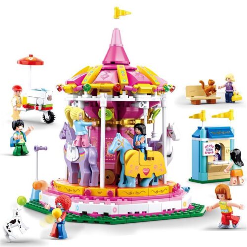 Bộ lắp ghép Vòng quay Ngựa gỗ Sluban M38-B0725 chủ đề công viên giải trí màu hồng, đồ chơi sáng tạo cho bé gái 6 tuổi.