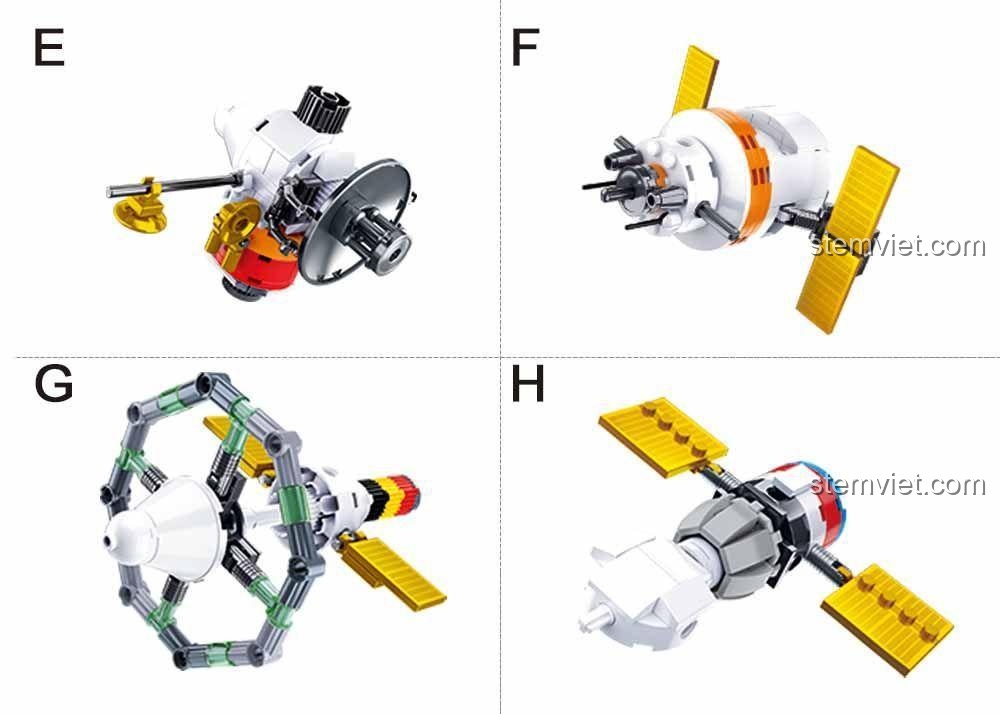 Các mô hình tàu con thoi và vệ tinh trong bộ lắp ghép Trạm vũ trụ lắp ráp Sluban M38-B0731.