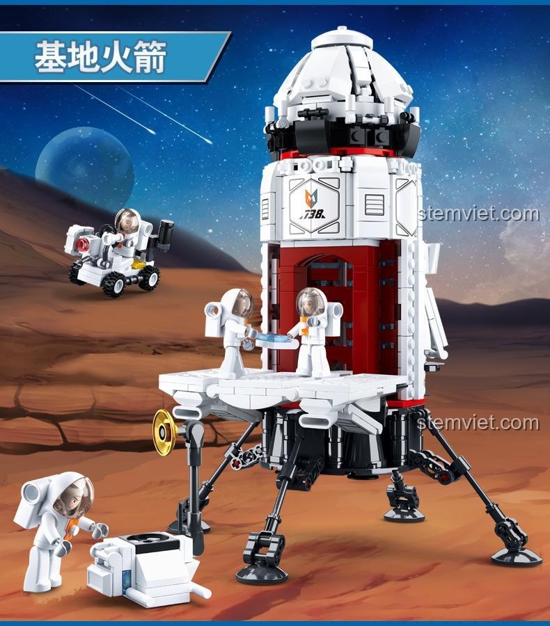 Các tính năng nổi bật của đồ chơi xây dựng Tên lửa không gian: chân chống có thể thu vào và cửa khoang mở được.