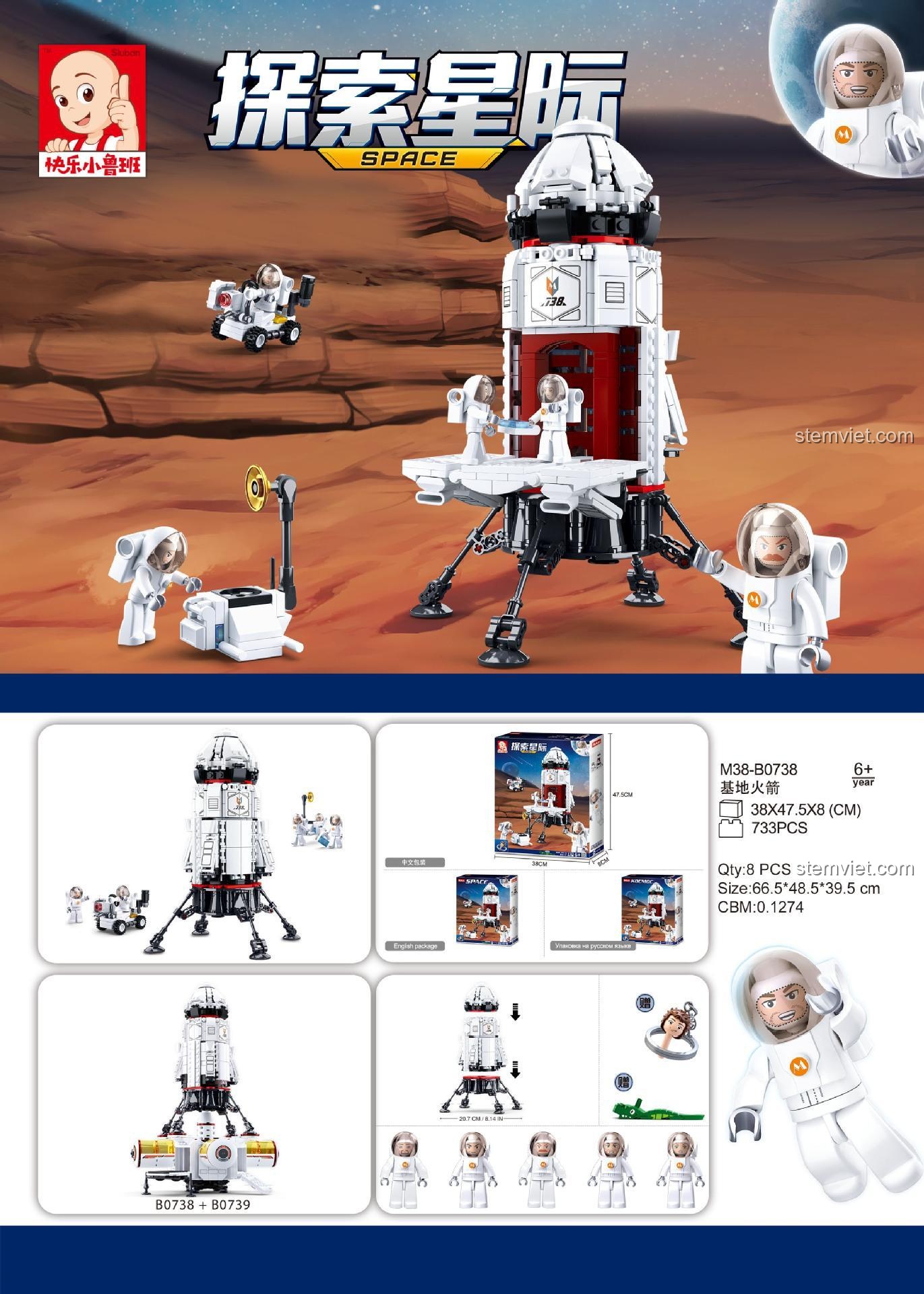 Toàn cảnh bộ lắp ráp Tên lửa không gian Sluban M38-B0738 với 4 minifigures phi hành gia và xe tự hành, món quà cho bé trai 6 tuổi.