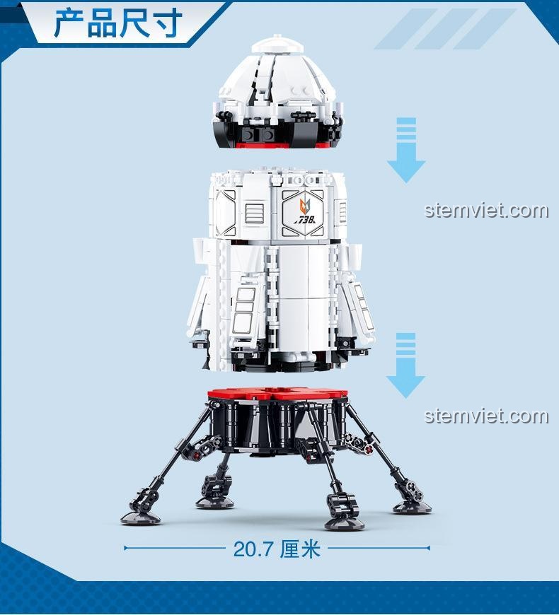 Poster quảng cáo bộ lắp ráp Tàu vũ trụ Sluban B0738, thể hiện khả năng kết hợp với các bộ khác để tạo thành một tên lửa lớn hơn.