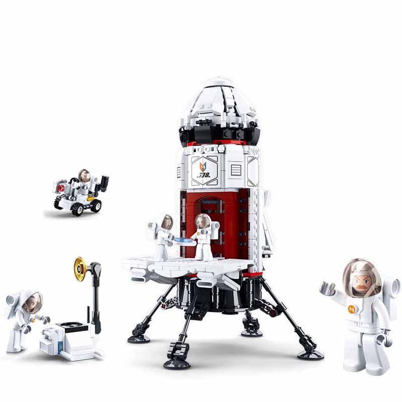 Hình ảnh hộp sản phẩm đồ chơi mô hình Sluban M38-B0738, bộ xếp hình Tên lửa Căn cứ Thám hiểm Không gian với 733 chi tiết.