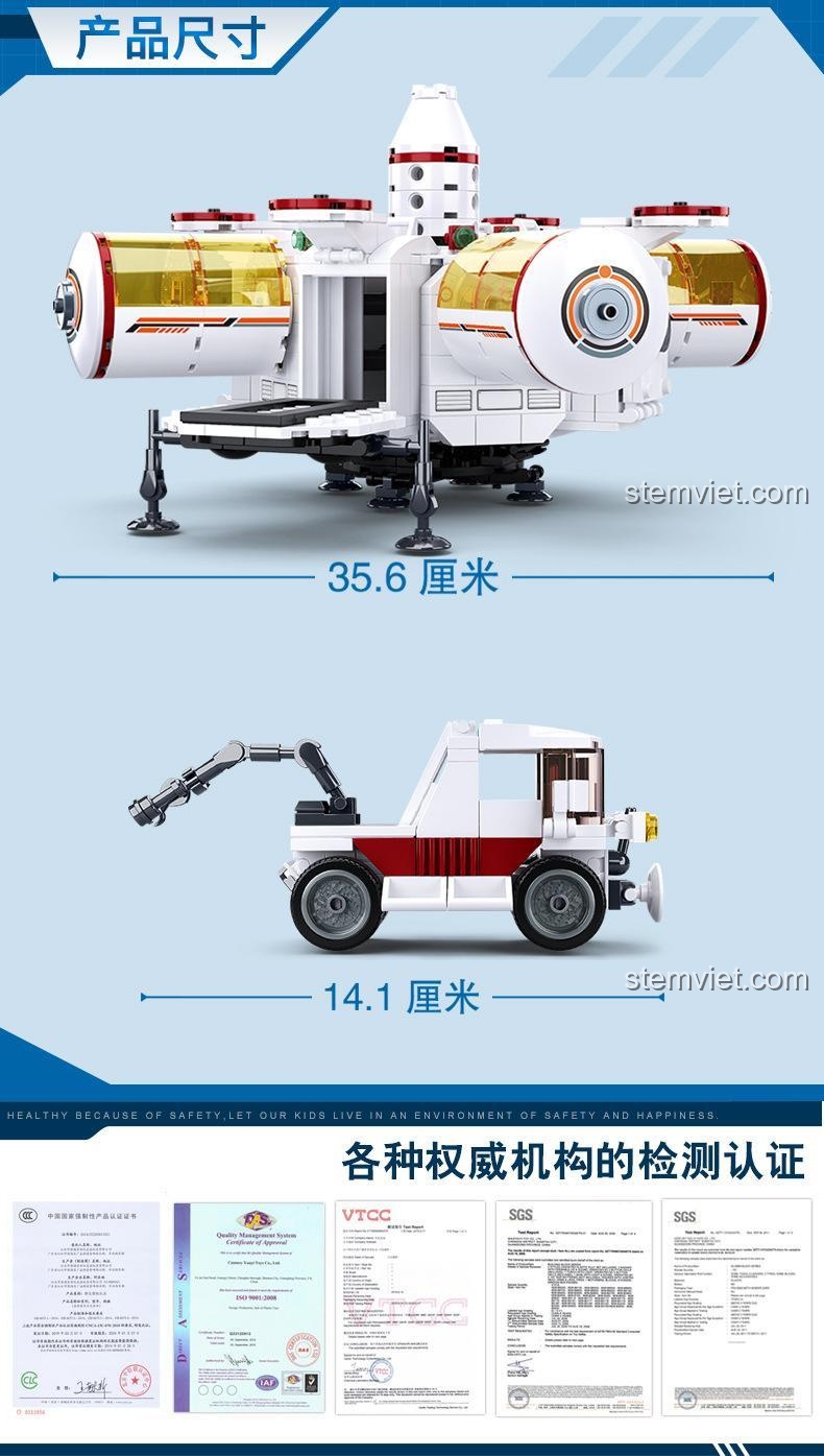 Kích thước mô hình Căn cứ khoa học vũ trụ Sluban M38B0739, dài 35.6cm.