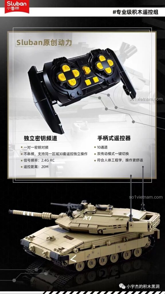 Poster giới thiệu bộ điều khiển từ xa của xe tăng Sluban M38-B0851, thiết kế tay cầm công thái học, tần số 2.4G RC.