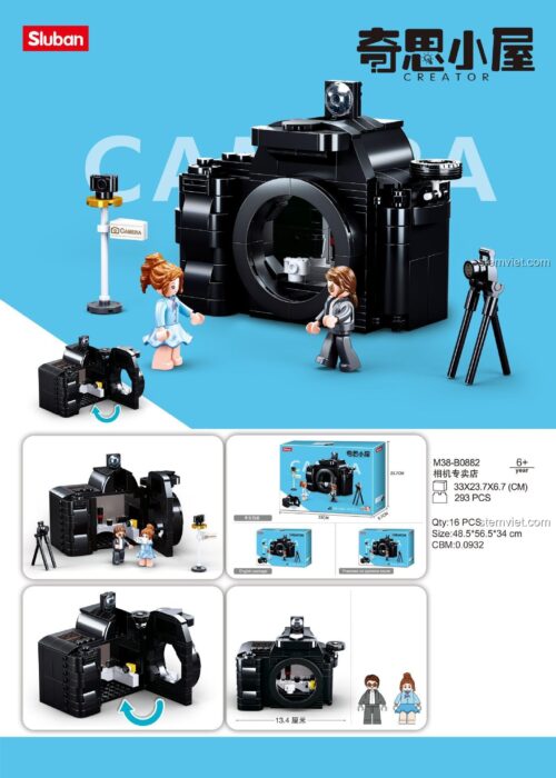 Hộp bộ lắp ráp Sluban M38-B0882 Cửa hàng máy ảnh, thể hiện kích thước 33x23.7x6.7cm và 293 mảnh ghép, phù hợp bé gái 6 tuổi.