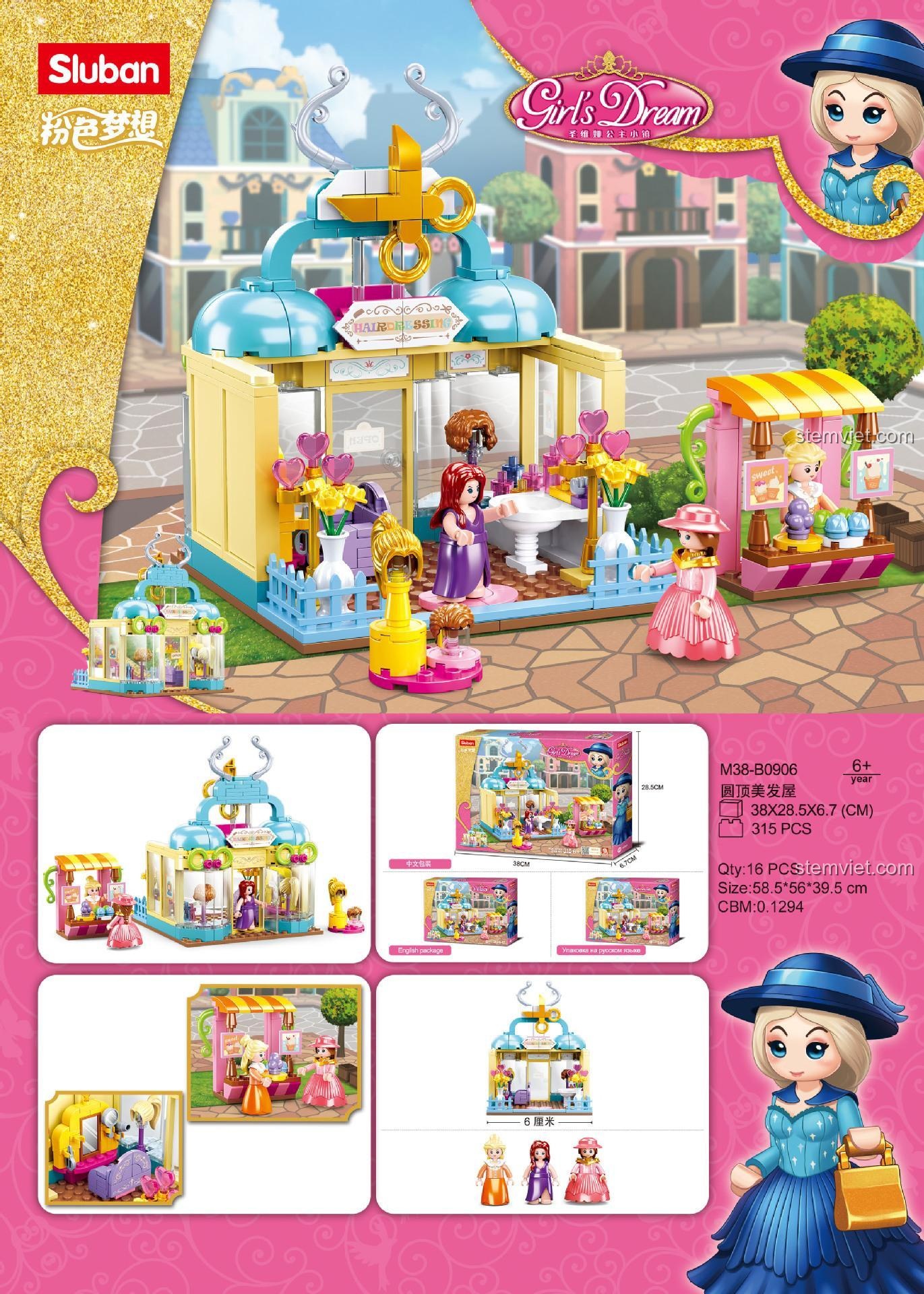 Chi tiết kích thước đồ chơi mô hình Sluban M38-B0906 Tiệm làm tóc mái vòm, món quà ý nghĩa cho con gái.