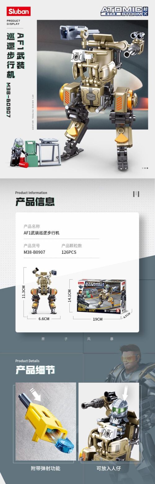 Bộ đồ chơi AF1 Robot Tuần Tra Vũ Trang Sluban M38-B0907, mô hình robot chiến đấu AF1 cho bé trai 6 tuổi, giá tốt, có hộp sản phẩm và kích thước chi tiết.