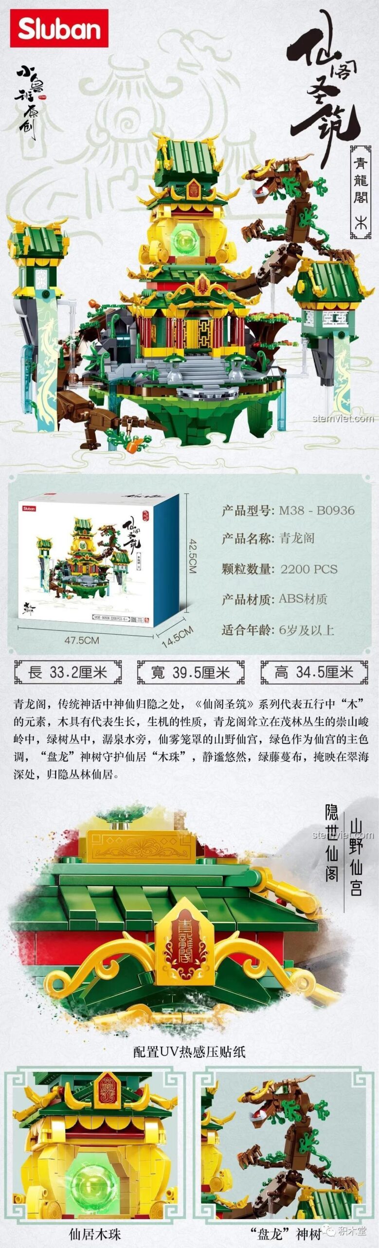 Hộp bộ đồ chơi Sluban M38-B0936 Thanh Long Các, thể hiện rõ số chi tiết 2200 mảnh, chất liệu ABS cao cấp, dành cho bé trai 6 tuổi trở lên.