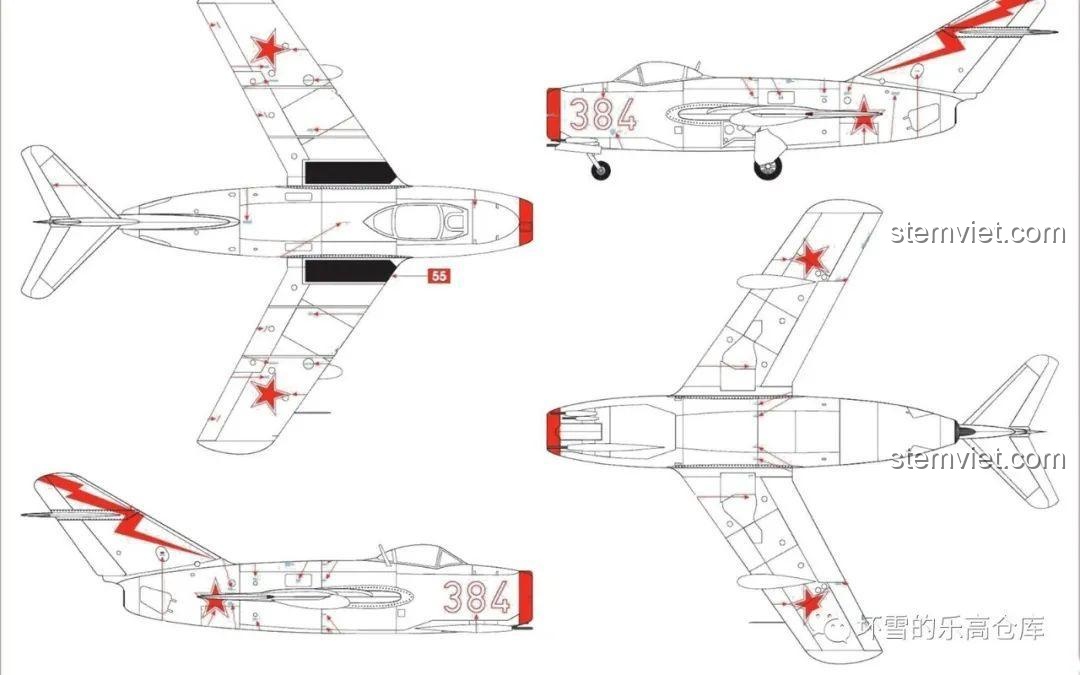 Bản vẽ so sánh các phiên bản MiG-15 và MiG-15bis, giúp phân biệt các đặc điểm thiết kế.