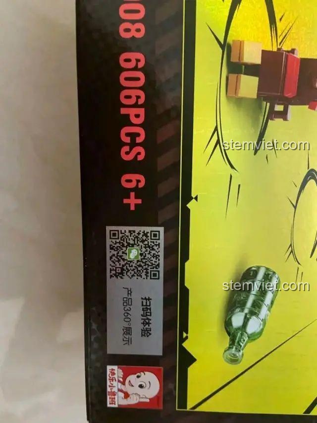 Thông tin trên hộp Sluban M38-B1008, Robot Ngưu Ma Vương M38B1008, hiển thị số mảnh ghép và độ tuổi khuyến nghị, cho bé trai 6 tuổi.