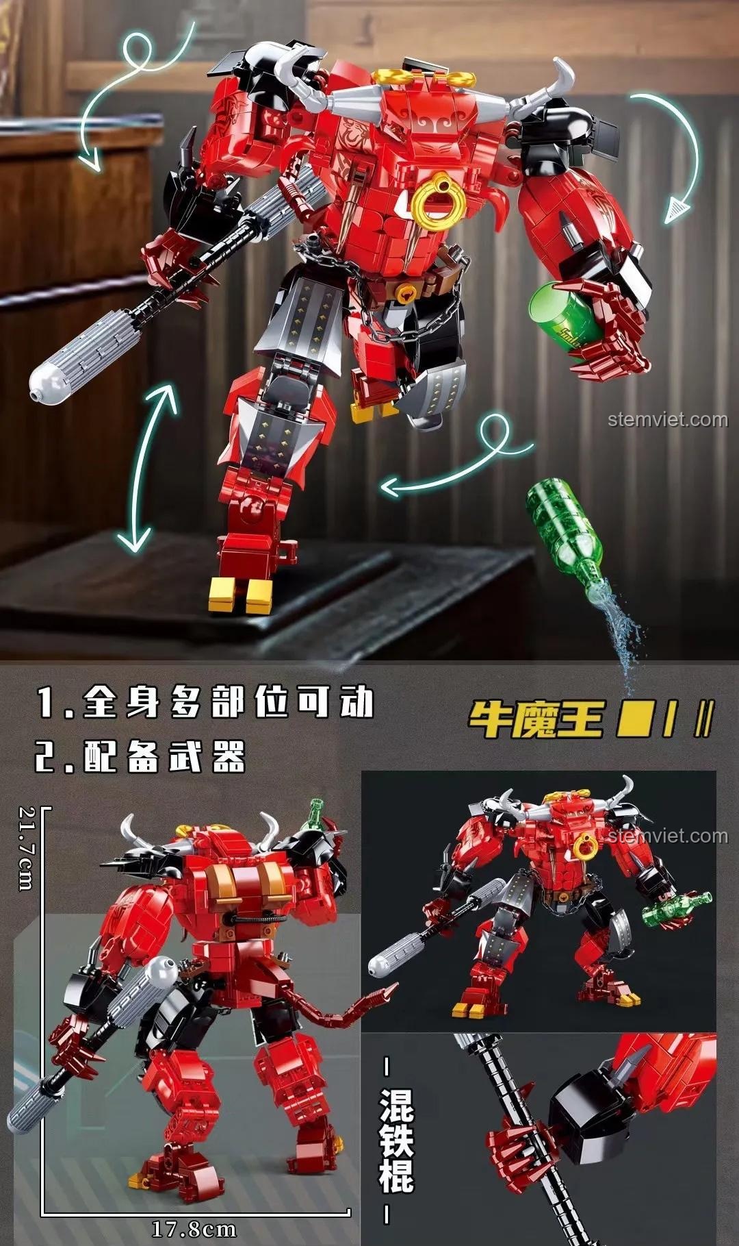 Mô hình Ngưu Ma Vương Sluban M38-B1008, đồ chơi lắp ráp Robot Ngưu Ma Vương, thể hiện các khớp nối linh hoạt và kích thước mô hình, cho bé trai 6 tuổi.