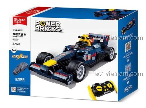 Hộp sản phẩm đồ chơi lắp ráp Sluban M38-B1023 Xe Đua F1, hiển thị số chi tiết 423 mảnh, độ tuổi 8+, giá rẻ cho bé trai