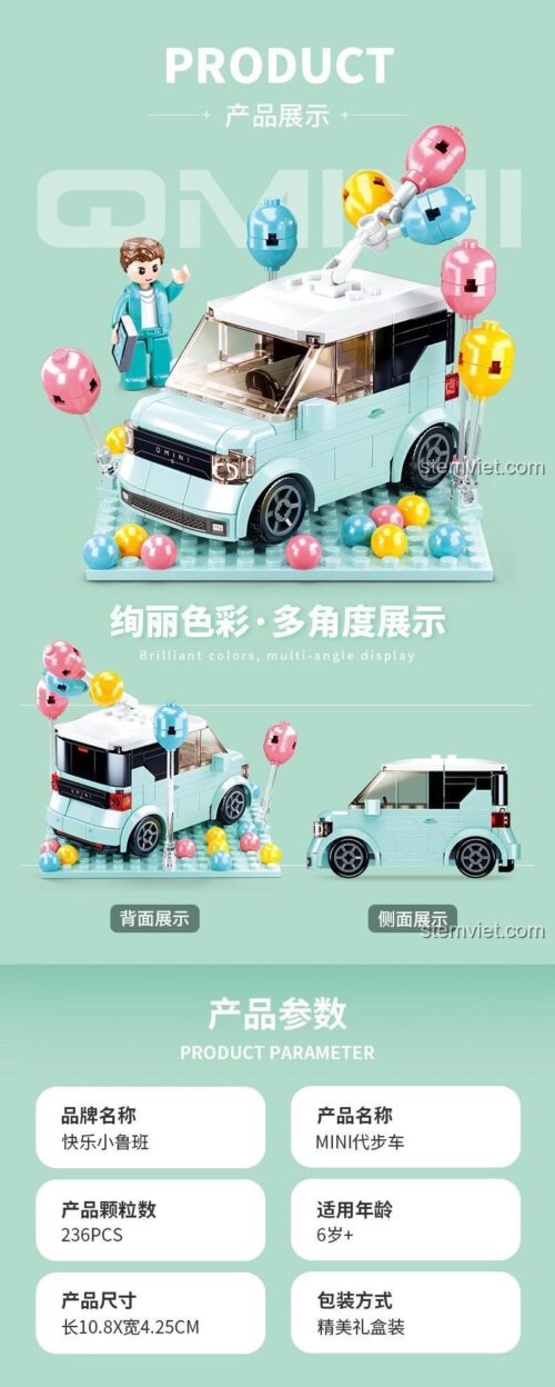 Thông số kỹ thuật đồ chơi mô hình Sluban B1087 Xe điện mini, gồm 236 mảnh, kích thước 10.8x4.25cm.