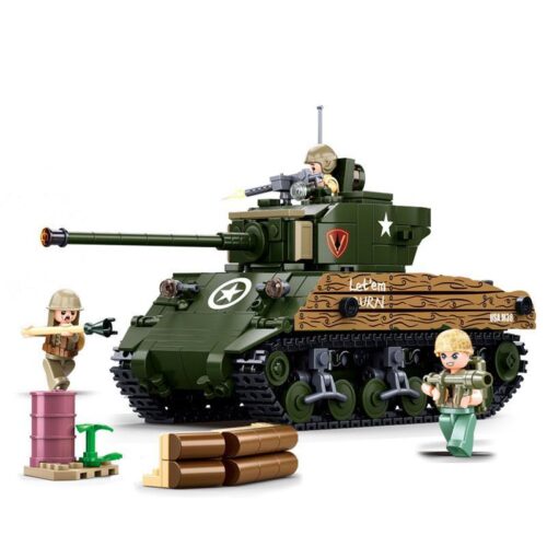 Bộ lắp ráp xe tăng Sherman M4A3(76W) Sluban M38-B1110 với 3 minifigures lính Mỹ, phù hợp cho bé trai 8 tuổi.