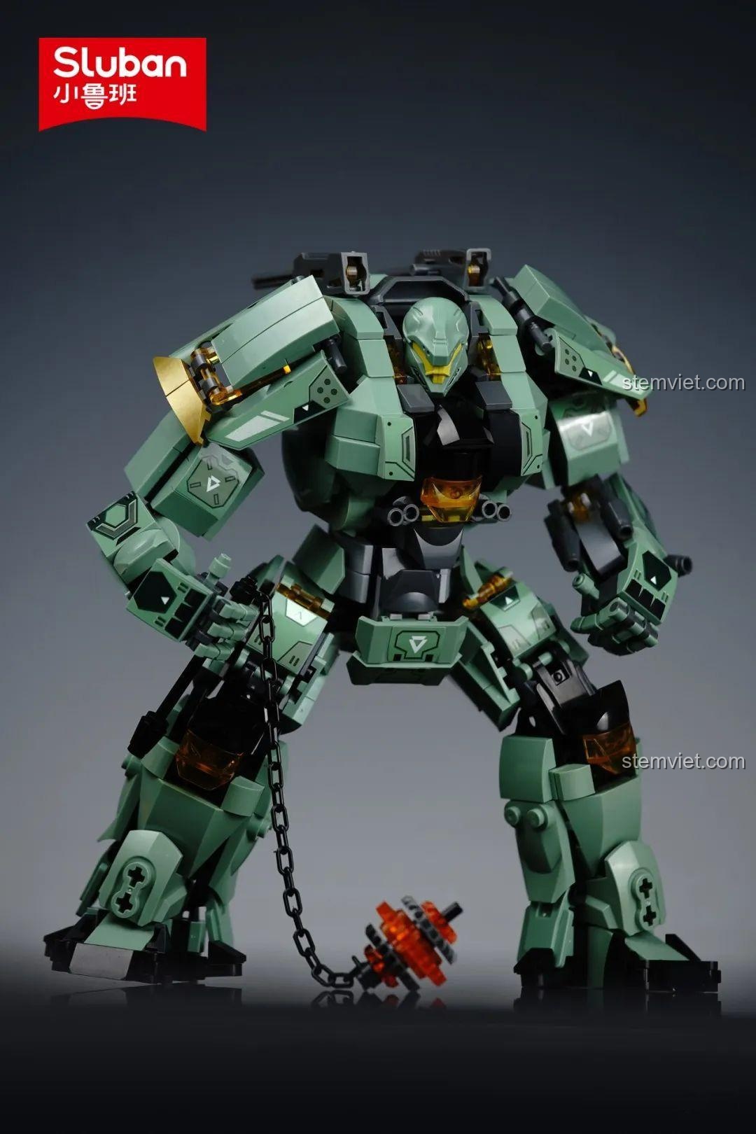 Robot Chiến Đấu Sluban M38-B1153 với thiết kế giáp kín đáo, màu xanh lá, đen, vàng, cam. Mô hình Robot M38B1153 chất lượng cao, khớp nối linh hoạt, bắn đạn nhựa. Đồ chơi lắp ráp cho bé trai 8 tuổi, giá bình dân.