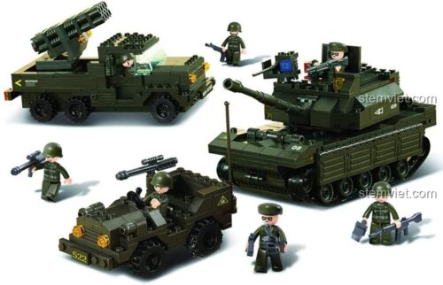 Bộ lắp ghép Sluban M38-B6300 Xe Tăng Lưỡng Cư Đội Cobra với xe tăng, xe jeep và các minifigures lính, phù hợp bé trai yêu thích quân sự.