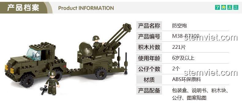 Hộp sản phẩm bộ đồ chơi xe quân sự phòng không Sluban M38-B7300