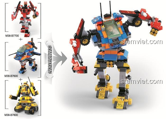 Hướng dẫn kết hợp đồ chơi mô hình Mecha Siêu Cảnh Sát Sluban B7900 với các bộ khác để tạo thành robot khổng lồ.