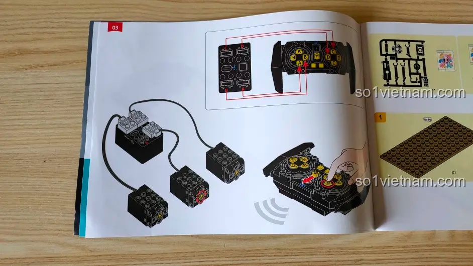 Sơ đồ kết nối 3 động cơ với bộ nhận tín hiệu và điều khiển từ xa trong sách hướng dẫn của Sluban M38-B1022.