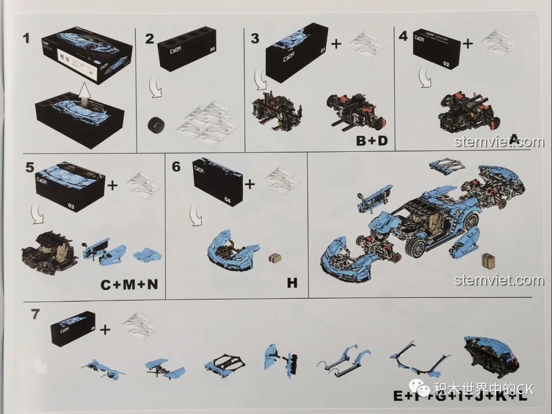 Sơ đồ các bước lắp ráp tổng thể của Hypercar Lamborghini Centenario 61041, chia thành các module rõ ràng.