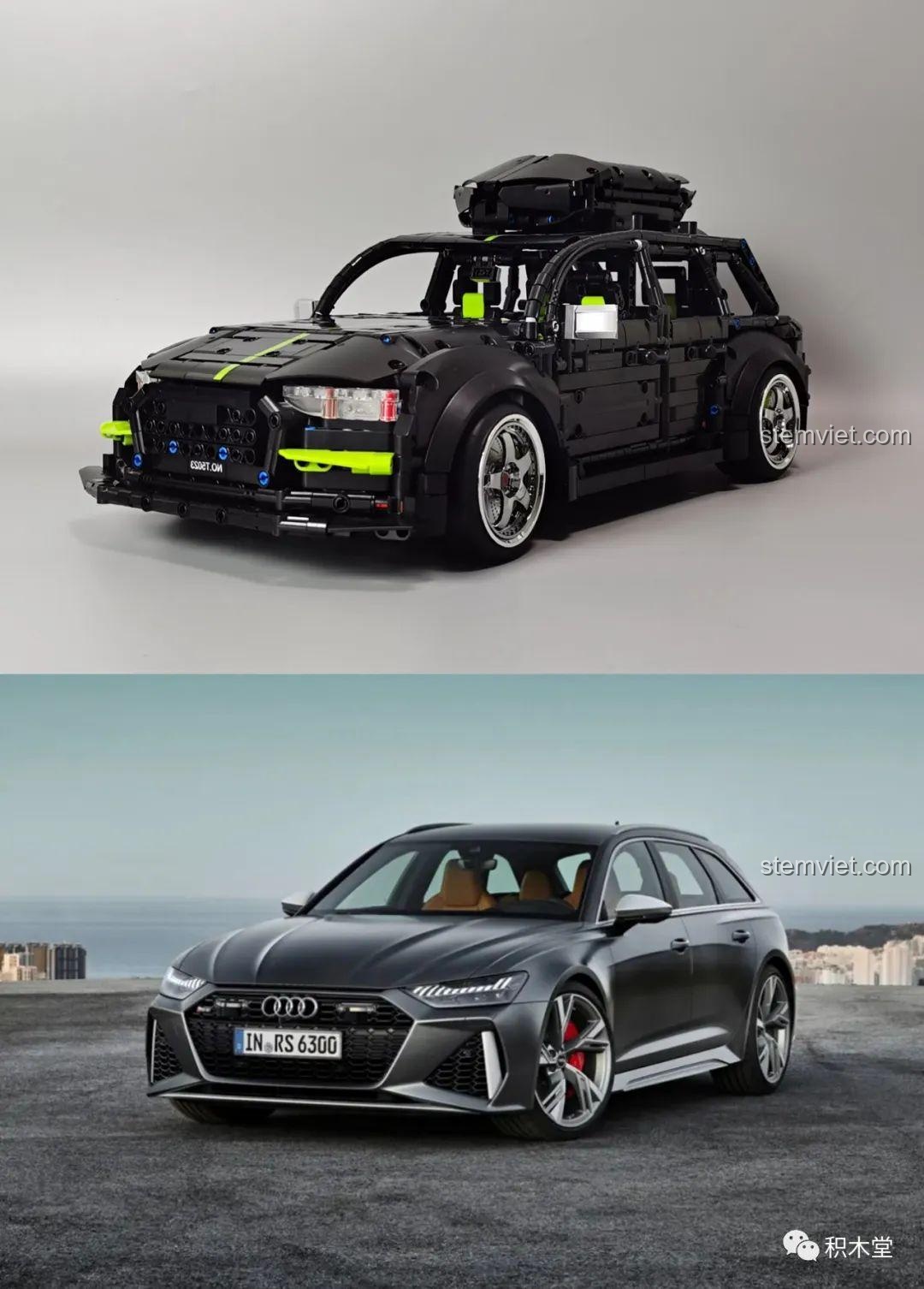 So sánh mô hình lắp ráp TGL T5023 Siêu xe Audi RS6 Avant với xe thật, làm nổi bật trải nghiệm lắp ráp chân thực.