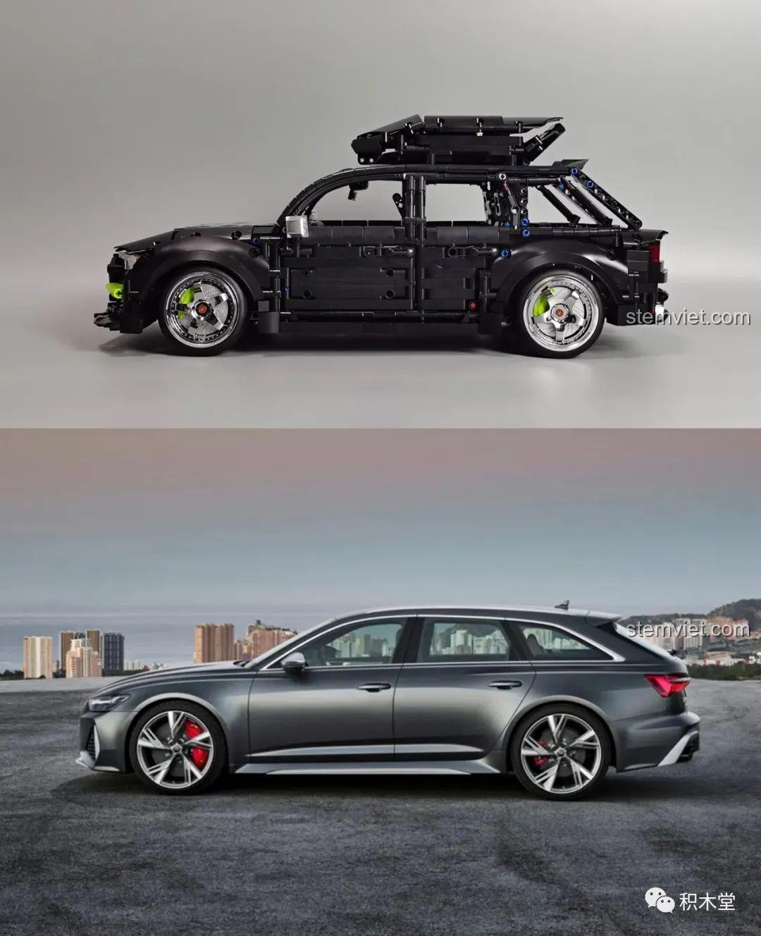 Góc nhìn ngang so sánh mô hình TGL T5023 Quái vật đường phố Audi RS6 Avant và xe thật, thể hiện độ chính xác của thiết kế.