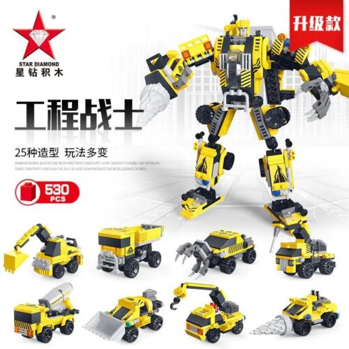 bộ lắp ghép Robot Chiến Binh Công Trình 8in1 STAR DIAMOND 81801, hộp sản phẩm màu vàng đen, có hình robot lớn và 8 xe công trình nhỏ, phù hợp bé trai 6 tuổi, giá tốt