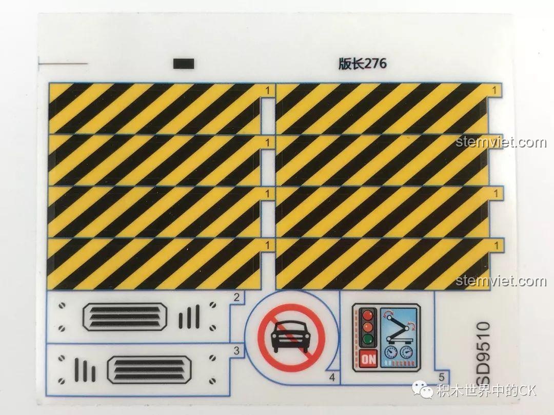 Tấm sticker đi kèm bộ Sembo SD9510 với các họa tiết sọc vàng đen cảnh báo và bảng điều khiển.