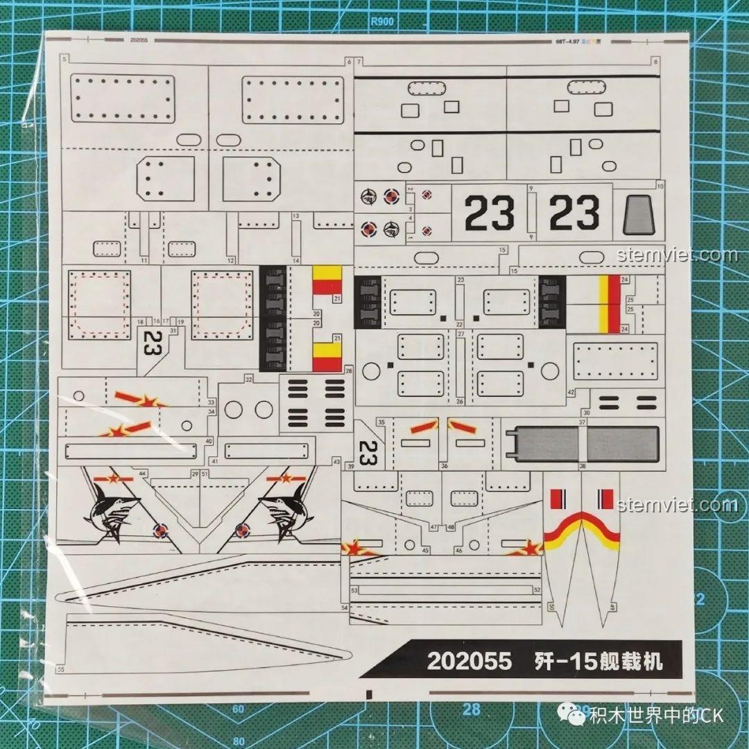 Cận cảnh tờ decal sticker của bộ SEMBO 202055 với các chi tiết trang trí cho máy bay J-15.