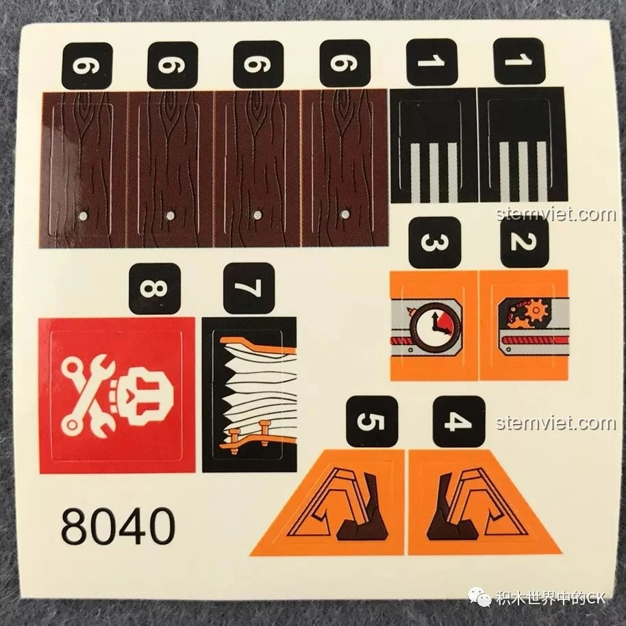 Tấm sticker của bộ đồ chơi lắp ráp Chiến Binh Hơi Nước Winner 8040 với các họa tiết trang trí.