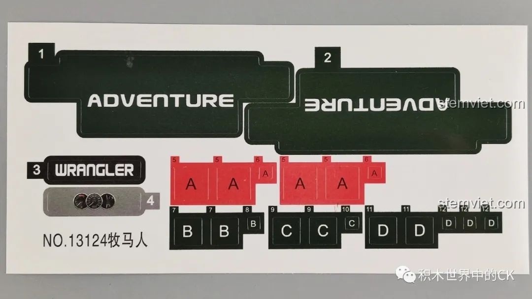 Tấm decal sticker đi kèm bộ lắp ráp Xe Jeep Wrangler Rubicon Điều Khiển Từ Xa với các logo và chi tiết trang trí.