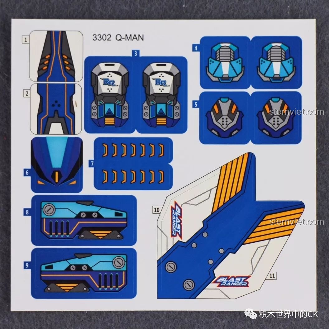 Tấm sticker đi kèm bộ lắp ráp QMAN 3302 với các họa tiết trang trí cho robot và trực thăng Blade Warrior.