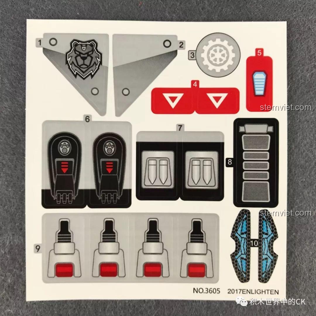 Tấm sticker đi kèm trong bộ xếp hình Chiến binh Hạch Tinh 3605 để trang trí cho robot thêm phần sinh động.