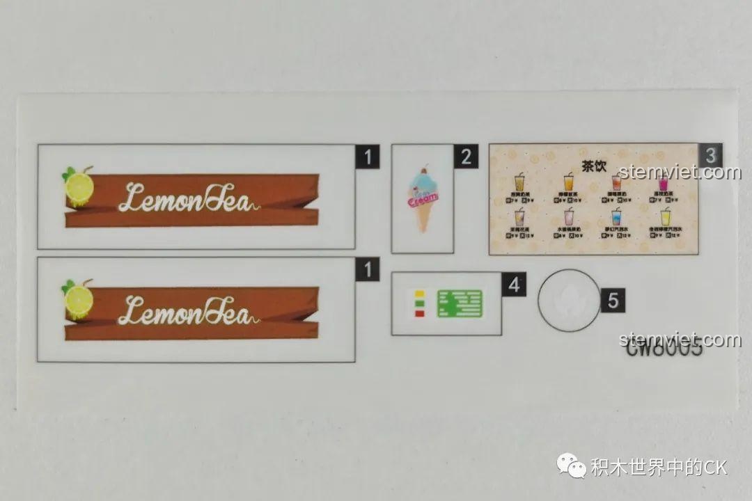 Tấm sticker trang trí với logo Lemon Sea và các loại đồ uống cho bộ lắp ghép Cửa hàng Matcha CW6005.