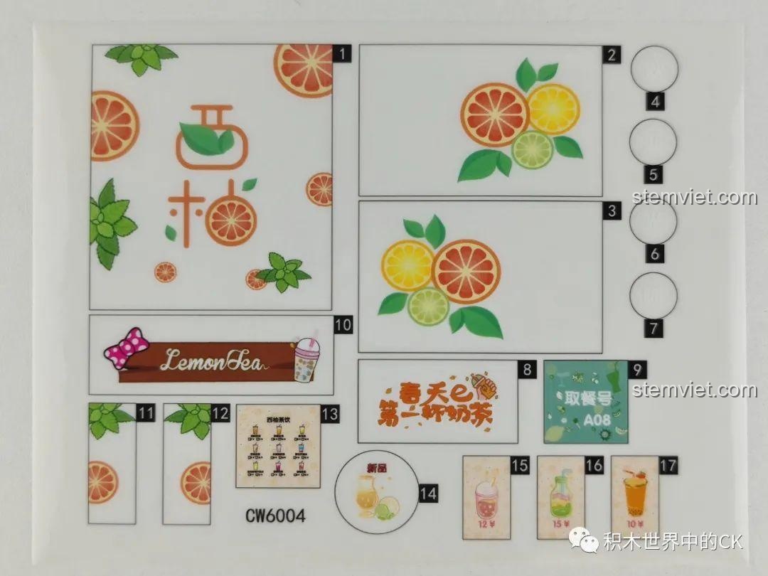 Tấm sticker trang trí với các hình ảnh ly trà sữa, trái cây và logo Lemon Sea cho bộ lắp ghép Trà Sữa CW6004.
