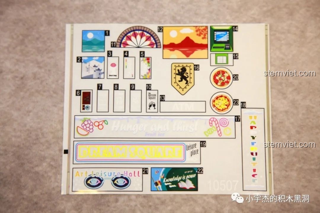 Tờ sticker trong suốt với nhiều họa tiết trang trí cho bộ xếp hình K-Box 10507.