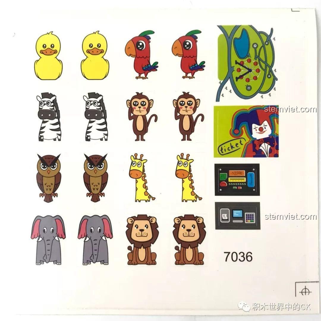 Tờ sticker đi kèm bộ lắp ghép Winner 7036 với hình các con vật và biểu tượng trang trí.