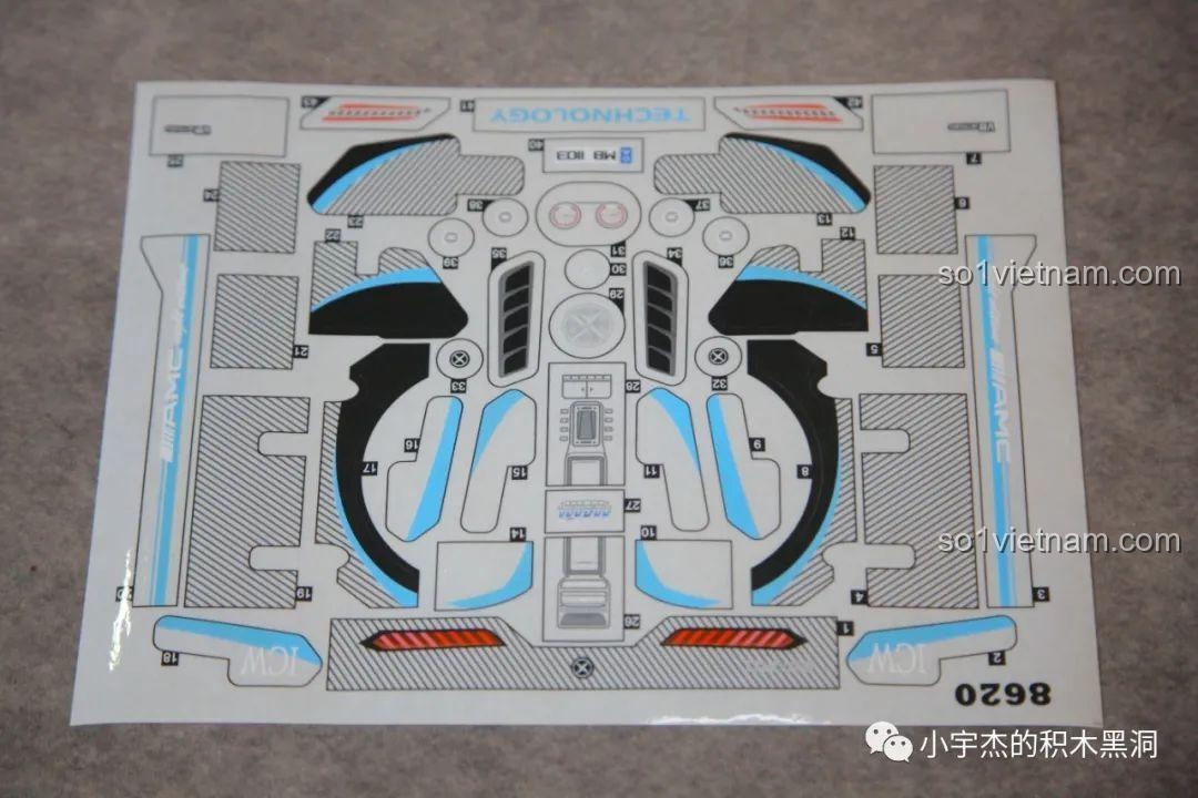 Tấm sticker lớn với nhiều chi tiết trang trí cho bộ lắp ráp xe Mercedes AMG Bạc Quỷ MJ Blocks 8620A, loại sticker trong suốt.