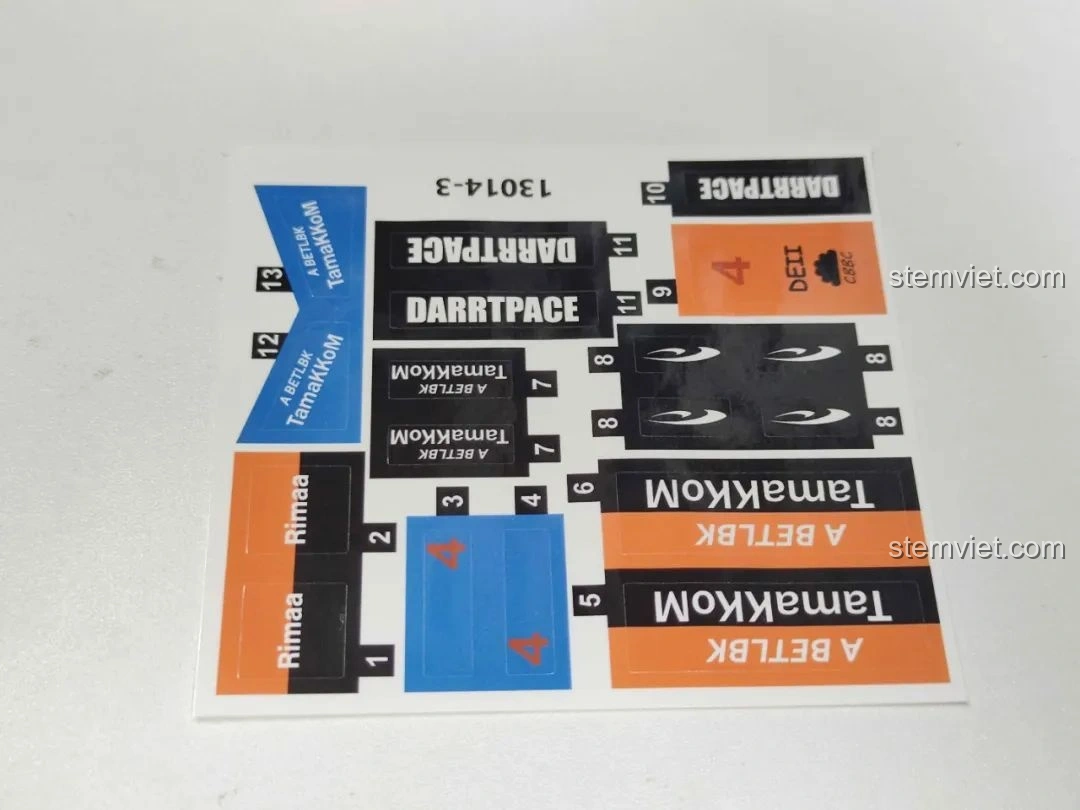 Tấm sticker cho xe đua F1 màu cam xanh của bộ MJ Technology 13014, với các logo và chi tiết trang trí.