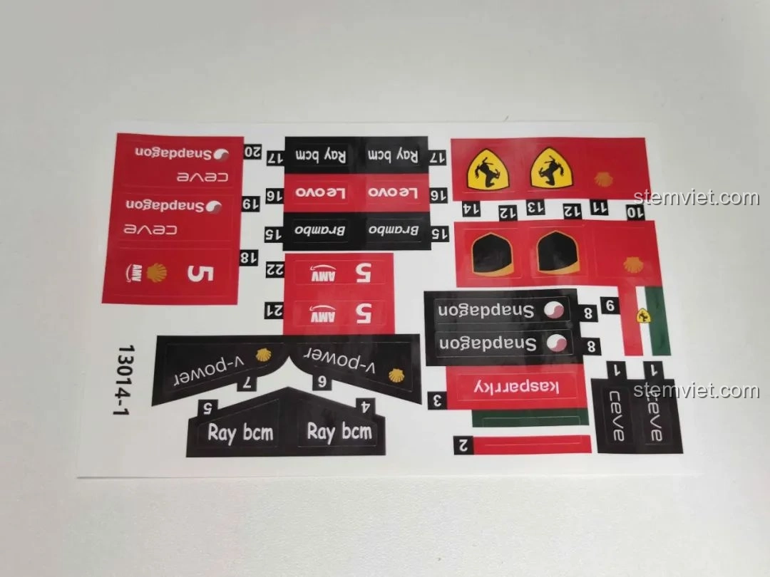 Tấm sticker cho xe đua F1 màu đỏ của bộ MJ Technology 13014, với các logo và chi tiết trang trí.