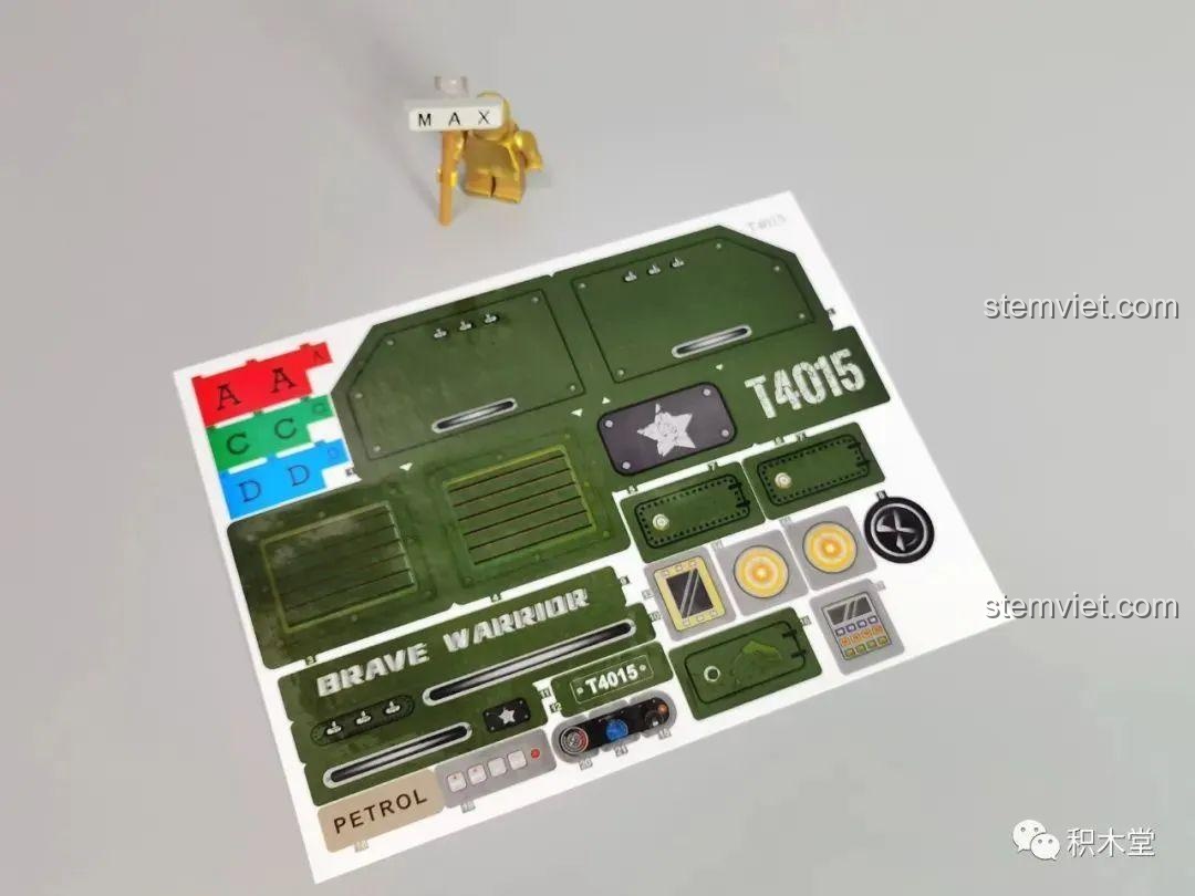 Tấm sticker đi kèm bộ lắp ráp Xe Jeep Quân Sự Mạnh Mẽ Taigaole T4015, với 18 chi tiết để trang trí mô hình.