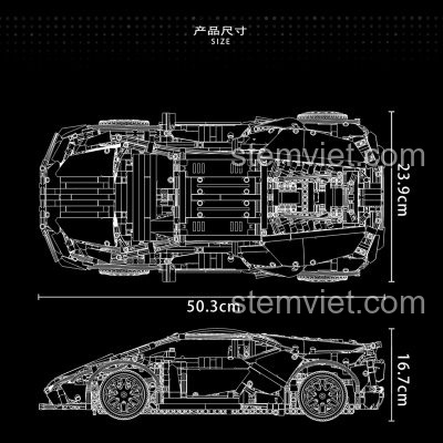 Bản vẽ kích thước chi tiết của mô hình xe đua Lamborghini Huracán Super 18K 132, dài 50.3cm, tỉ lệ 1:8.